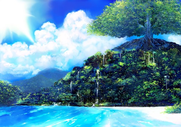 Anime picture 1708x1200 with original matsumoto noriyuki highres sky cloud (clouds) landscape waterfall plant (plants) tree (trees) water sun