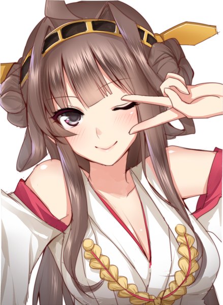 Anime picture 600x819 with kantai collection kongou battleship mallizmora single long hair tall image looking at viewer blush fringe breasts simple background smile brown hair large breasts white background bare shoulders payot cleavage ahoge traditional clothes