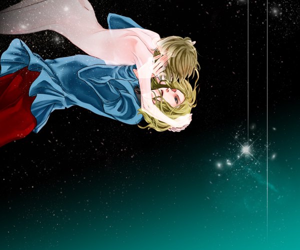 Anime picture 1500x1250 with axis powers hetalia studio deen france (hetalia) jeanne d'arc light erotic blonde hair couple space almost kiss girl boy star (stars) historical figure