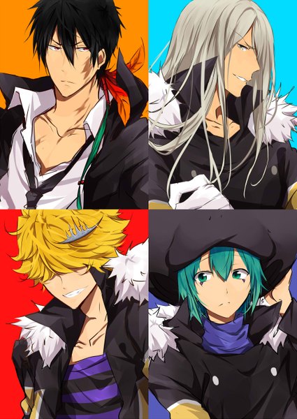 Anime picture 2000x2826 with katekyou hitman reborn superbi squalo xanxus belphegor (khr) fran (khr) matsurinnu long hair tall image looking at viewer highres short hair black hair simple background blonde hair smile red eyes looking away silver hair profile aqua eyes