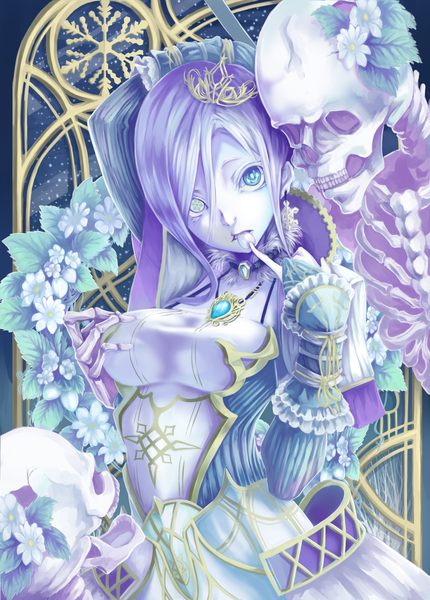 Anime picture 860x1200 with original kizuka kanata single long hair tall image looking at viewer breasts holding purple hair heterochromia mouth hold finger to mouth breast grab arms behind head pale skin skeleton bone (bones) girl dress hair ornament
