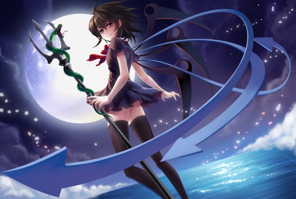 Anime picture 1200x809 with touhou houjuu nue pass (suyaky) short hair black hair red eyes cloud (clouds) night girl thighhighs weapon black thighhighs animal wings water moon full moon snake trident directional arrow