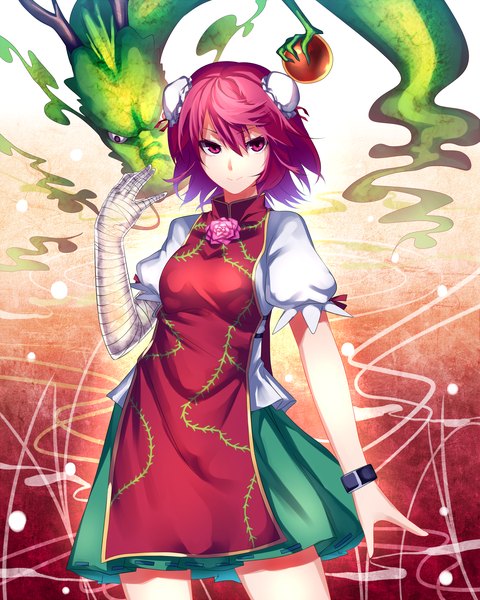 Anime picture 2200x2750 with touhou ibaraki kasen koutei (touhou) uu uu zan single tall image looking at viewer highres short hair smile pink hair pink eyes hair bun (hair buns) chinese clothes fantasy girl bandage (bandages) dragon bun cover