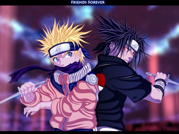 Anime picture 1100x826 with naruto studio pierrot naruto (series) uzumaki naruto uchiha sasuke hollowcn short hair black hair blonde hair red eyes purple eyes looking back inscription coloring facial mark letterboxed whisker markings back to back jinchuriki sharingan