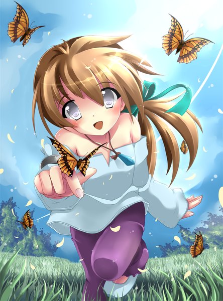 Anime picture 1000x1350 with original sera-chama single long hair tall image blush open mouth smile brown hair bare shoulders sky cloud (clouds) ponytail sunlight grey eyes loli girl ribbon (ribbons) plant (plants) hair ribbon