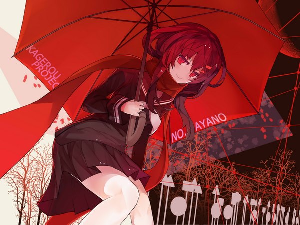 Anime picture 1600x1200 with kagerou project shaft (studio) tateyama ayano rain lan single long hair looking at viewer black hair smile red eyes inscription from below character names uniform hair ornament plant (plants) petals tree (trees) serafuku hairclip