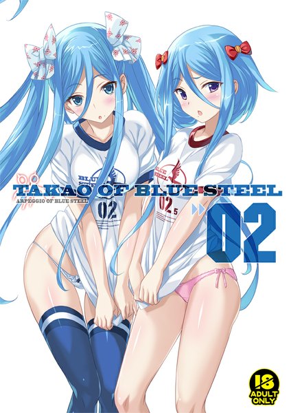 Anime picture 707x1000 with aoki hagane no arpeggio takao (aoki hagane no arpeggio) atago (aoki hagane no arpeggio) mutsumi masato long hair tall image blush open mouth blue eyes light erotic hair between eyes purple eyes twintails multiple girls blue hair clothes writing girl thighhighs underwear panties