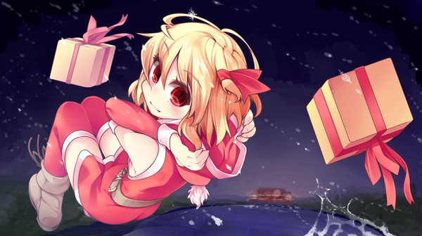 Anime picture 2500x1400 with touhou rumia shamo (koumakantv) single looking at viewer highres short hair blonde hair smile red eyes wide image looking back from behind night zettai ryouiki sleeveless snowing christmas arms behind head flying