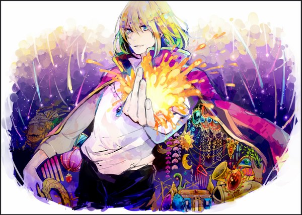 Anime picture 1400x1000 with howl's moving castle studio ghibli howl nosaki tsubasa single short hair blue eyes blonde hair night shooting star boy choker star (stars) jewelry cloak fire