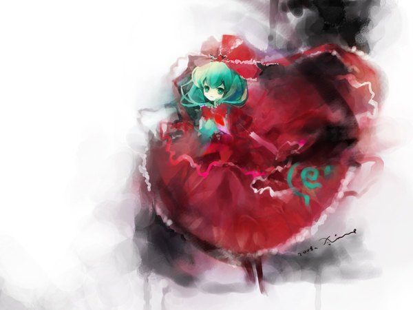 Anime picture 1600x1200 with touhou kagiyama hina shimeko single long hair white background green eyes green hair wallpaper third-party edit extended 2008 girl dress bow hair bow red dress