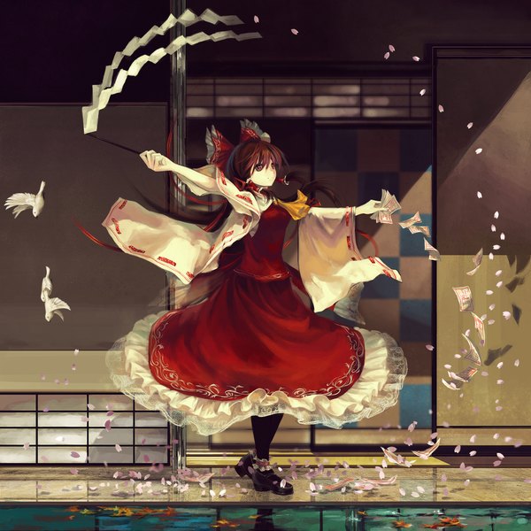 Anime picture 4000x4000 with touhou hakurei reimu jq single long hair highres black hair brown eyes absurdres full body miko girl skirt bow hair bow detached sleeves leaf (leaves) skirt set paper