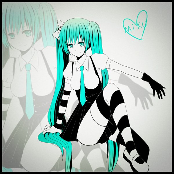 Anime picture 1048x1048 with vocaloid hatsune miku mg single fringe breasts smile sitting twintails very long hair aqua eyes aqua hair alternate costume pale skin polychromatic high contrast girl thighhighs skirt hair ornament