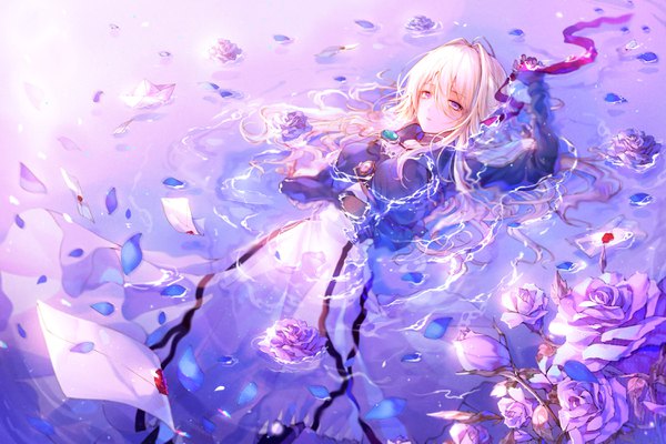 Anime picture 3000x2000 with violet evergarden kyoto animation violet evergarden (character) kh (kh 1128) single long hair fringe highres blonde hair hair between eyes purple eyes lying wind on back partially submerged expressionless afloat ophelia's pose girl dress