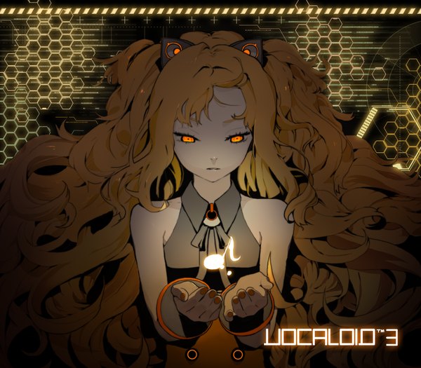 Anime picture 1920x1680 with vocaloid seeu single long hair highres blonde hair yellow eyes inscription glowing glowing eye (eyes) girl detached sleeves musical note