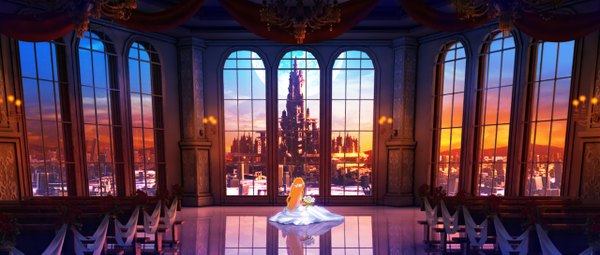 Anime picture 1280x545 with original youji (artist) single long hair wide image cloud (clouds) from behind orange hair city evening sunset girl dress window moon bouquet candle (candles) castle