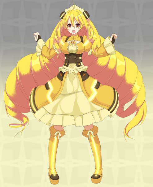 Anime picture 1400x1700 with vividred operation vividyellow sogaya single tall image blush open mouth blonde hair twintails yellow eyes very long hair drill hair girl dress boots
