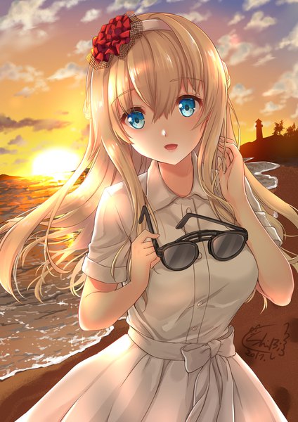 Anime picture 1654x2339 with kantai collection warspite (kantai collection) shibi single long hair tall image looking at viewer fringe open mouth blue eyes blonde hair hair between eyes holding sky cloud (clouds) upper body outdoors :d short sleeves alternate costume
