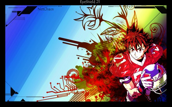 Anime picture 3200x1992 with eyeshield 21 production i.g kobayakawa sena netchaos single highres red eyes brown hair wide image absurdres border abstract boy uniform helmet