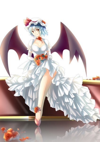 Anime picture 849x1200 with touhou remilia scarlet sheeg single tall image looking at viewer short hair simple background red eyes white background sitting blue hair girl dress gloves flower (flowers) petals wings elbow gloves bonnet
