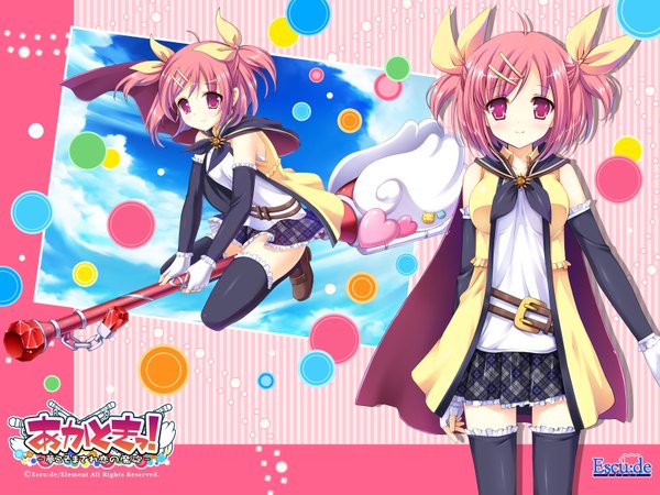 Anime picture 1600x1200 with akatoki! agatsu nayu inugahora an single looking at viewer short hair smile standing pink hair game cg pink eyes two side up copyright name girl thighhighs skirt black thighhighs miniskirt heart bobby pin