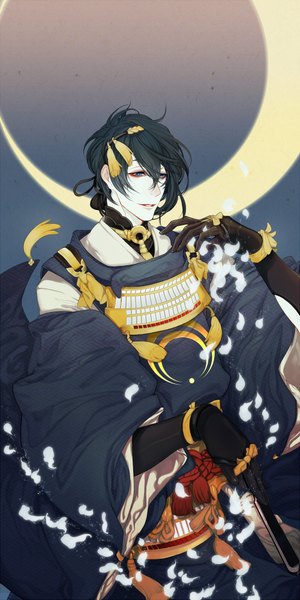 Anime picture 1000x2000 with touken ranbu nitroplus mikazuki munechika xianrou men single tall image short hair blue eyes black hair simple background smile looking away traditional clothes japanese clothes dark background crescent boy gloves hair ornament black gloves