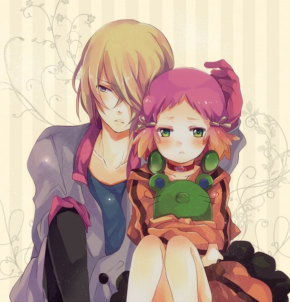 Anime picture 1207x1253 with aquarion (series) aquarion evol satelight jin musou yunoha thrul tall image blush fringe short hair simple background blonde hair green eyes yellow eyes pink hair multicolored hair hair over one eye orange hair couple girl boy