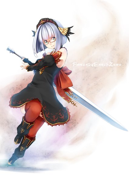 Anime picture 1200x1695 with retsuna single tall image looking at viewer short hair green eyes silver hair girl thighhighs dress weapon detached sleeves sword glasses boots hairband