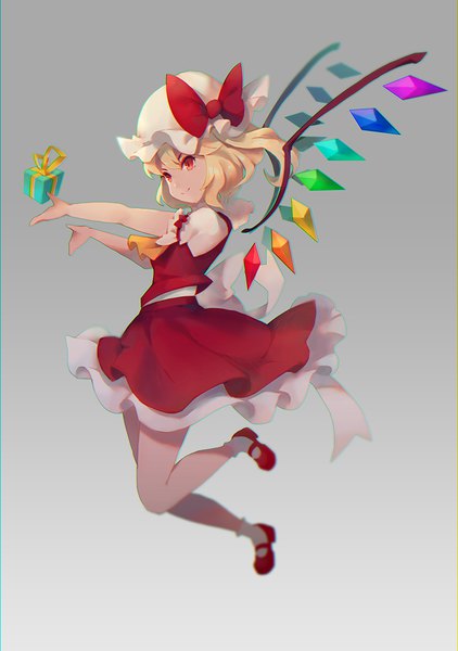 Anime picture 704x1000 with touhou flandre scarlet vienri single tall image fringe short hair blonde hair simple background hair between eyes red eyes full body grey background one side up girl skirt hat wings bonnet skirt set