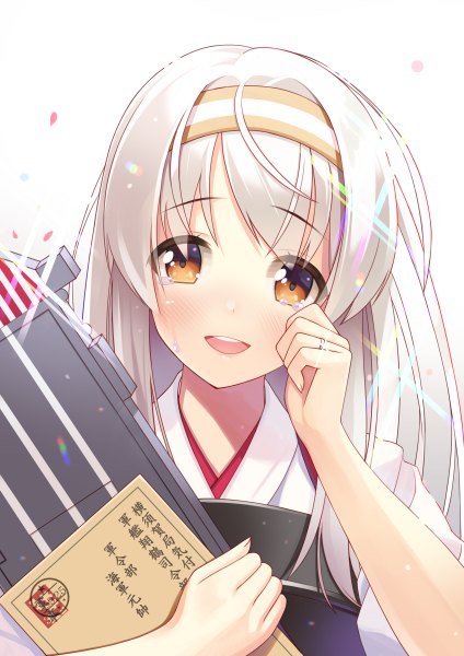 Anime picture 848x1200 with kantai collection shoukaku aircraft carrier at-yui single long hair tall image looking at viewer fringe open mouth simple background white background holding brown eyes white hair traditional clothes head tilt japanese clothes fingernails tears lens flare