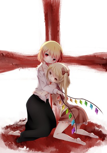 Anime picture 1052x1500 with touhou flandre scarlet rumia tepes (artist) tall image short hair blonde hair red eyes multiple girls hug girl dress 2 girls wings
