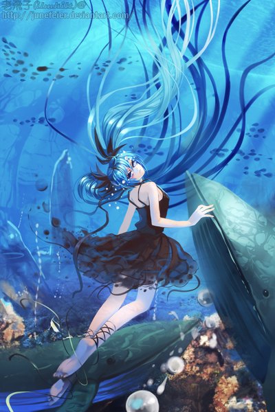 Anime picture 1000x1500 with vocaloid shinkai shoujo (vocaloid) hatsune miku ilmkilt (junefeier) tall image blue eyes twintails blue hair very long hair looking back underwater girl dress ribbon (ribbons) animal whale coral