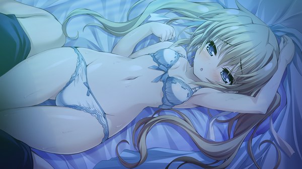 Anime picture 1024x576 with sensui-bu! long hair blush blue eyes light erotic blonde hair wide image twintails game cg lying underwear only girl navel underwear panties ribbon (ribbons) hair ribbon