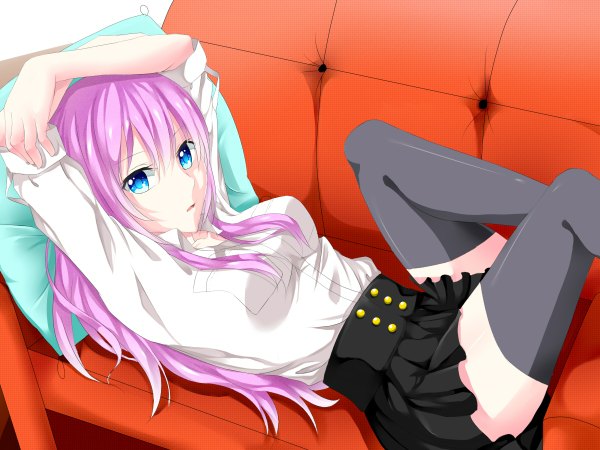 Anime picture 1200x900 with vocaloid megurine luka sayaka (ponkichi) single long hair looking at viewer fringe breasts open mouth blue eyes pink hair multicolored hair two-tone hair zettai ryouiki crossed arms arms behind head reclining open collar girl thighhighs