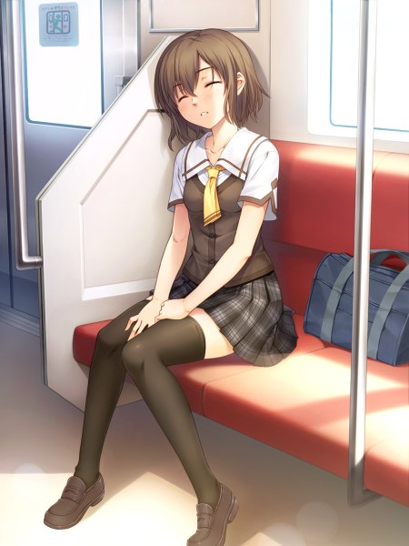 Anime picture 900x1200 with original yanagi (tsukiakari) single tall image blush short hair brown hair sitting eyes closed train interior girl thighhighs skirt uniform black thighhighs school uniform school bag