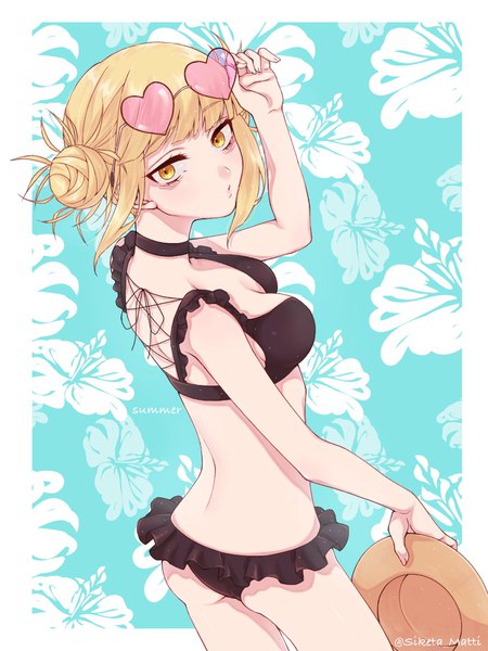 Anime picture 850x1133 with boku no hero academia studio bones toga himiko mizuki mau single tall image fringe short hair breasts light erotic blonde hair signed yellow eyes payot ass from above hair bun (hair buns) twitter username border sunglasses on head