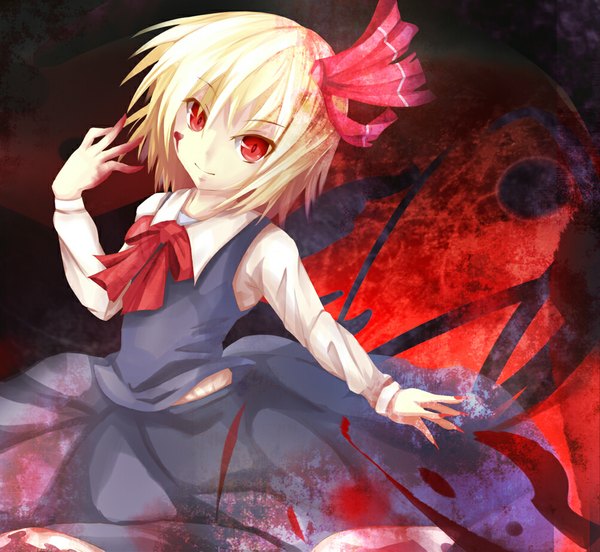 Anime picture 1000x920 with touhou rumia wameka mi single looking at viewer fringe short hair blonde hair smile red eyes long sleeves nail polish head tilt fingernails outstretched arm dark background blood on face girl skirt bow