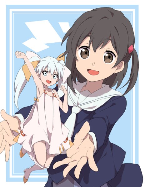 Anime picture 968x1251 with selector infected wixoss j.c. staff kominato ruuko tama (wixoss) sekina long hair tall image looking at viewer short hair open mouth blue eyes black hair twintails multiple girls brown eyes blue hair one side up jumping minigirl girl
