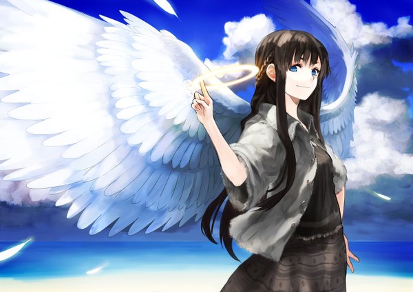 Anime picture 1355x962 with chirigami-san single long hair fringe blue eyes smile sky cloud (clouds) braid (braids) angel wings girl dress wings jacket sea feather (feathers) halo