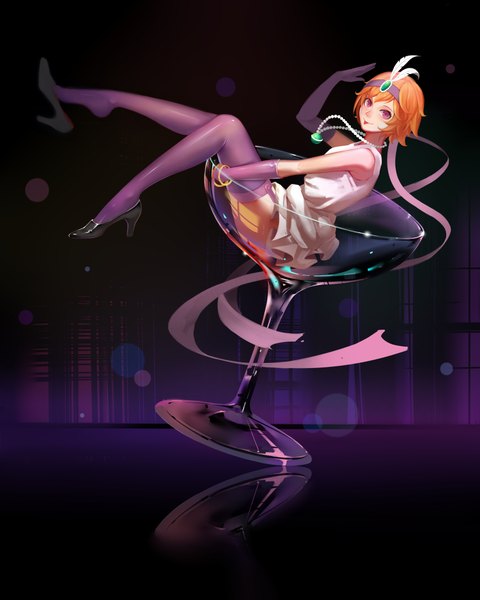 Anime picture 3401x4251 with league of legends jinx (league of legends) zhano kun single tall image looking at viewer blush fringe highres short hair sitting bare shoulders absurdres full body bent knee (knees) pink eyes orange hair alternate costume sleeveless alternate hairstyle