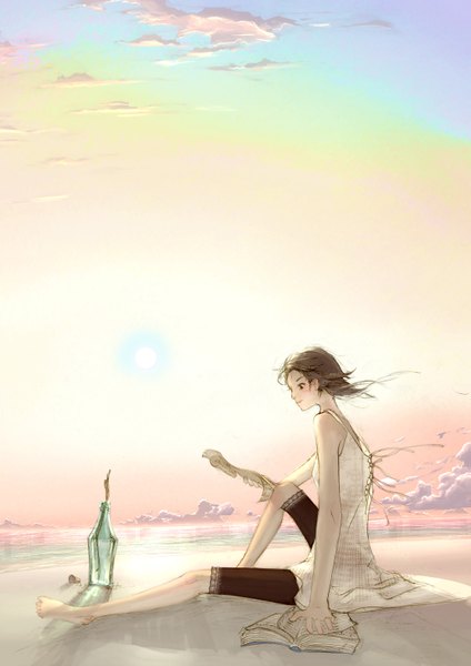 Anime picture 2222x3143 with original nnfsh (pixiv) single tall image highres brown hair sitting bare shoulders brown eyes sky cloud (clouds) beach evening sunset girl book (books) bottle