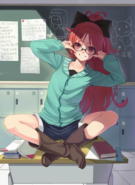 Anime picture 1400x1910 with mahou shoujo madoka magica shaft (studio) sakura kyouko fkey long hair tall image smile red eyes sitting ponytail red hair fingersmile girl bow hair bow glasses shorts boots paper desk