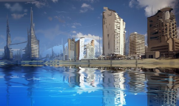 Anime picture 1233x731 with original rubinh0 (artist) wide image beach city cityscape ripples panorama water sea building (buildings)
