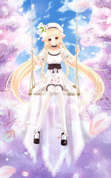 Anime picture 1000x1600 with chobits chii shinsui saya (artist) single long hair tall image red eyes white hair hair flower loli cherry blossoms girl thighhighs dress hair ornament plant (plants) petals white thighhighs tree (trees) white dress