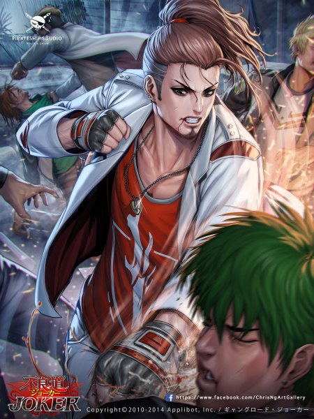 Anime picture 900x1200 with joker ~gang road~ chrisnfy85 long hair tall image short hair blonde hair brown hair brown eyes signed ponytail eyes closed green hair open clothes open jacket fighting stance clenched teeth battle boy gloves earrings