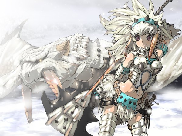 Anime picture 1200x900 with monster hunter monster hunter portable 3rd monster hunter (character) barioth (armor) haku (sabosoda) long hair blonde hair smile brown eyes midriff snowing winter snow tusks girl navel hair ornament weapon sword armor