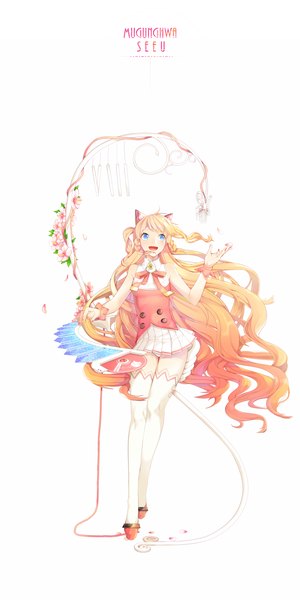 Anime picture 1000x2000 with vocaloid seeu kakon single tall image open mouth blue eyes simple background blonde hair white background bare shoulders animal ears looking away very long hair nail polish two side up pantyshot character names singing girl