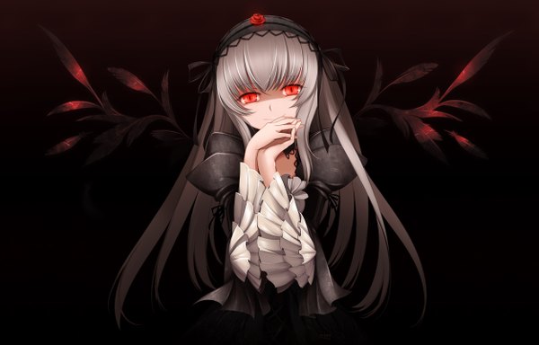 Anime picture 2500x1600 with rozen maiden suigintou mtyy single long hair looking at viewer highres smile red eyes silver hair white hair maid black background lolita fashion goth-loli darkness girl dress wings frills
