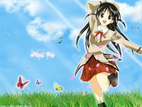 Anime picture 1024x768 with school rumble tsukamoto tenma single long hair looking at viewer fringe open mouth black hair standing payot sky cloud (clouds) outdoors long sleeves pleated skirt arm up black eyes sunlight two side up happy