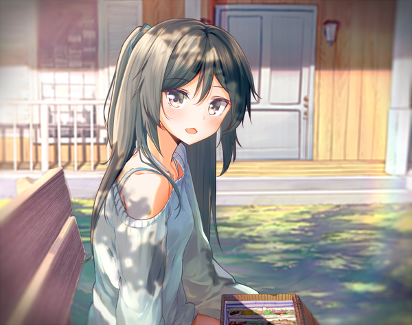 Anime picture 1000x791 with kantai collection katsuragi aircraft carrier rokuroku single long hair looking at viewer blush open mouth black hair bare shoulders brown eyes girl food obento