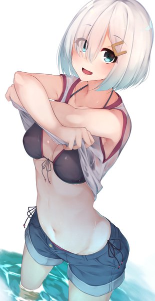 Anime picture 816x1576 with kantai collection hamakaze destroyer waterdog single tall image blush fringe short hair open mouth light erotic simple background smile white background white hair aqua eyes from above hair over one eye undressing girl navel